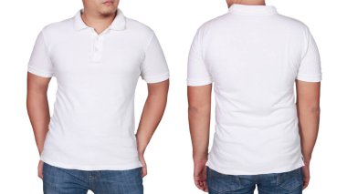 Polo t-shirt sahte izole ön ve arka görünümü kadar beyaz. Erkek model aşınma düz beyaz gömlek mockup. Polo gömlek tasarım şablonu. Boş tees için yazdırma