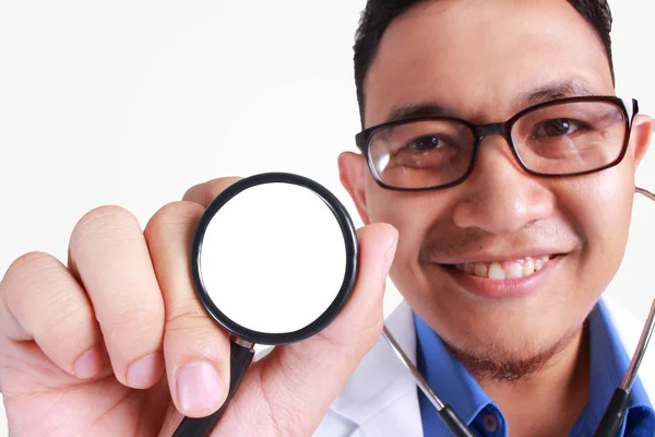 Young Asian Doctor Eyeglass Hold Stethoscope Smiling Isolated White — Stock Photo, Image