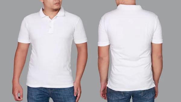 白のポロ シャツ モックアップ 分離された前面と背面ビュー 男性モデル摩耗の真っ白なシャツのモックアップ ポロシャツ デザイン テンプレートです 空白の シャツ印刷します — ストック写真
