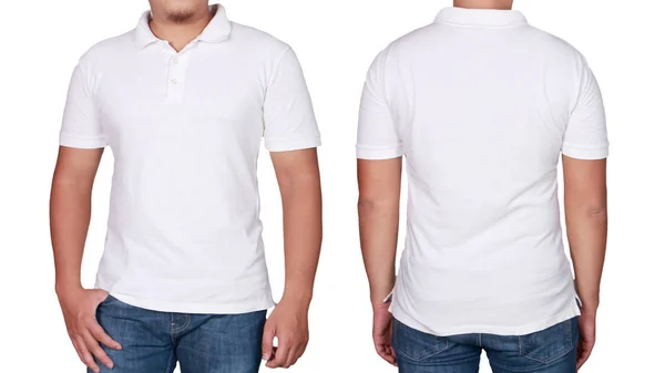 白のポロ シャツ モックアップ 分離された前面と背面ビュー 男性モデル摩耗の真っ白なシャツのモックアップ ポロシャツ デザイン テンプレートです 空白の シャツ印刷します — ストック写真