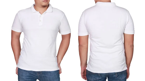Weißes Polo Shirt Attrappe Vorder Und Rückansicht Isoliert Männliche Modell — Stockfoto