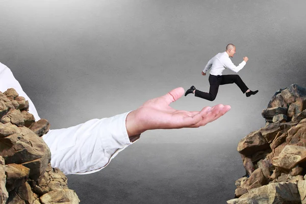 Composite Image Businessman Running Jumping Trough Obstacle Gap Help Big — Stock Photo, Image