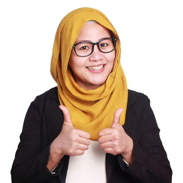 Gelukkig Aziatische Muslimah Zakenvrouw Dragen Bril Pak Met Duimschroef Opwaarts — Stockfoto