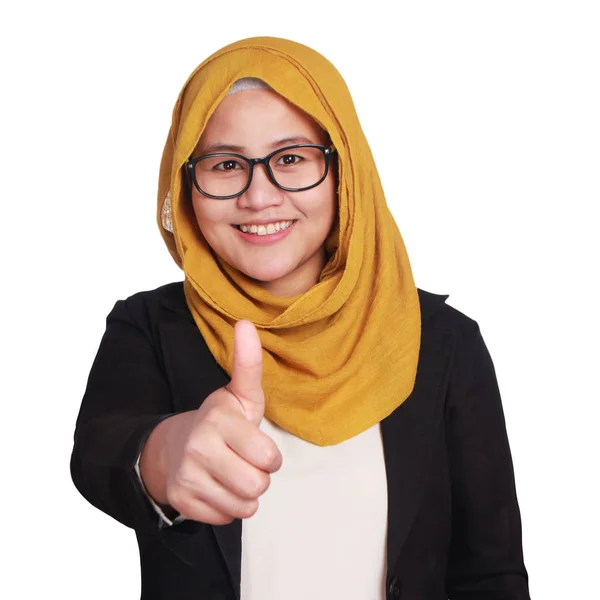 Glad Asiatiska Muslimah Affärskvinna Glasögon Och Kostym Med Tummen Upp — Stockfoto