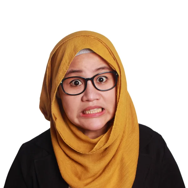 Mulher Negócios Muslimah Asiática Usando Óculos Mostrando Uma Expressão Ridícula — Fotografia de Stock