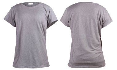 Kadın gri t-shirt, ön ve geri dikiz şablonu. Boş gömlek baskı tasarımı için sahte. Beyaz izole