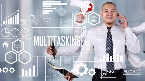 Konzept Des Multitasking Der Wirtschaft Asiatischer Geschäftsmann Mit Glatze Lächelt — Stockfoto