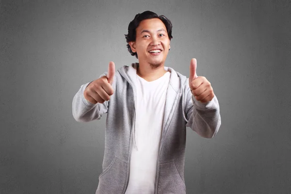 Young Asian Men Wearing Jacket Smiling Two Thumbs Looking Camera — Stock Photo, Image