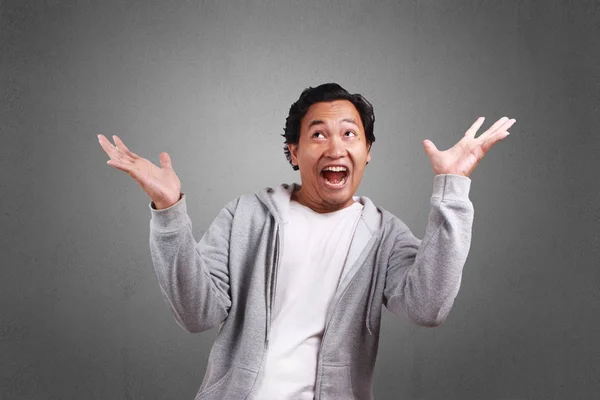 Jovem Asiático Homem Vestindo Uma Jaqueta Sorrindo Rindo Ambos Palma — Fotografia de Stock