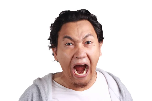 Portret Młodej Azjatki Człowieka Noszenia Kurtka Zły Wrzask Screaming Patrząc — Zdjęcie stockowe