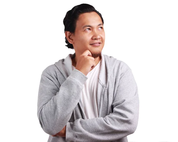Joven Hombre Asiático Con Camisa Blanca Chaqueta Gris Pensando Con —  Fotos de Stock