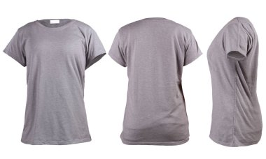 Kadın gri t-shirt, ön arka arka ve yan şablonu görüntüleme. Boş gömlek baskı tasarımı için sahte. Beyaz izole