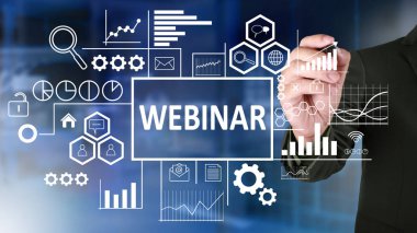 İş kavramı. İşadamı Webinar analytics düzeni mavi arka plan üzerinde çizin. Metin tipografi tasarım