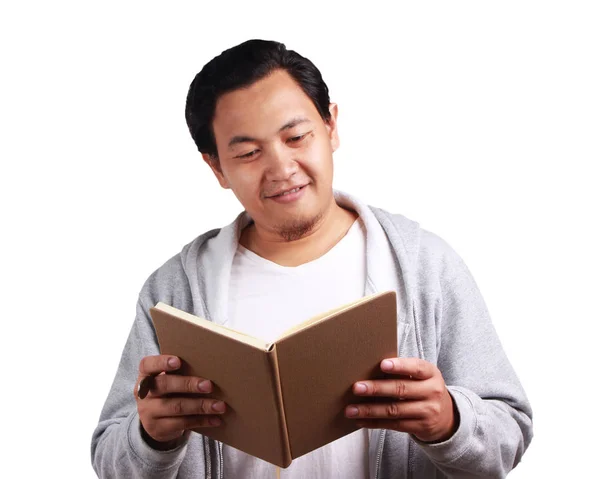 Young Asian Man Wearing White Shirt Gray Jacket Reading Book — Stock Photo, Image