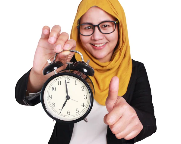 Young Asian Businesswoman Wearing Suit Hijab Holding Clock Thumb Smiling — Stock Photo, Image