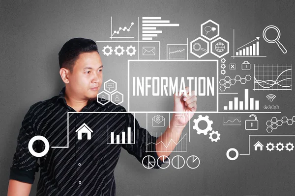 Information Affärsidé Ung Asiatisk Affärsman Draw Business Information Analytics Systemet — Stockfoto