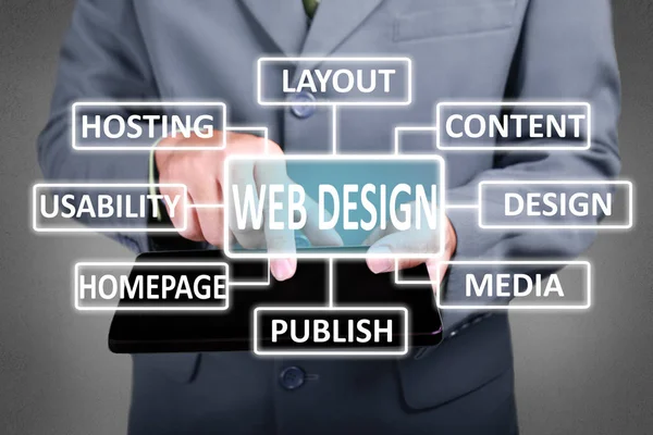 Internet Affärsidé Affärsman Klicka Web Design Sin Surfplatta Webbdiagram Utveckling — Stockfoto