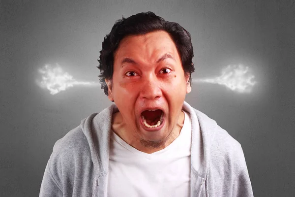 Young Asian Man Wearing White Shirt Gray Jacket Shouting Because — Stock Photo, Image