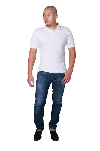 Junge Glatzköpfige Asiatische Männer Weißem Poloshirt Stehend Shirt Vorlage Gefälscht — Stockfoto