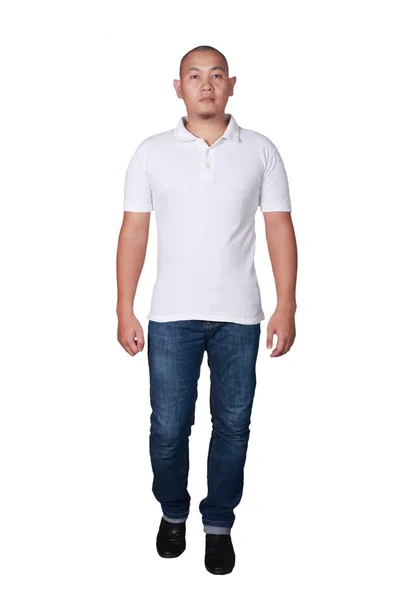 Young Bald Asian Men Wearing White Polo Shirt Standing Shirt — Stock Photo, Image