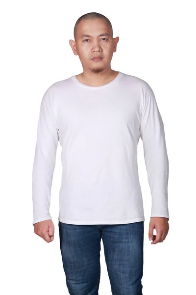 Vit Långärmad Shirt Mock Framifrån Isolerade Manlig Modell Slitage Plain — Stockfoto