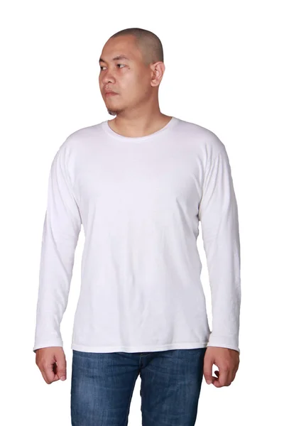 White long sleeved t-shirt mock up, front view, isolated. Male model wear plain white shirt mockup. Long sleeve shirt design template. Blank tees for print