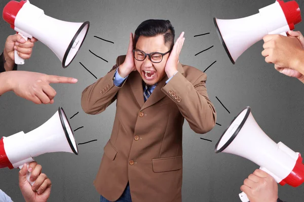 Young Asian Businessman Covered His Ear Ignoring Noise Stressed Pressure — Stock Photo, Image