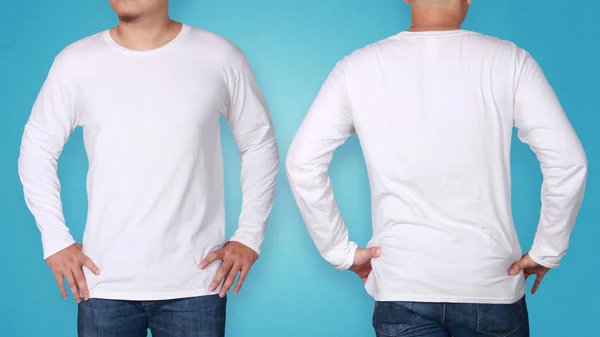 Witte Lange Mouwen Shirt Mock Voor Achterkant Weergave Geïsoleerd Mannelijk — Stockfoto