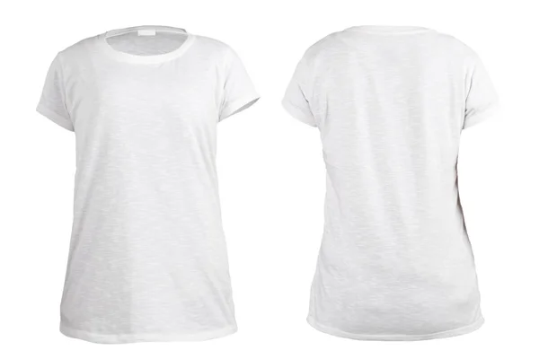 Women\'s white t-shirt, front and back rear view template. Blank shirt mock up for print design. Isolated on white