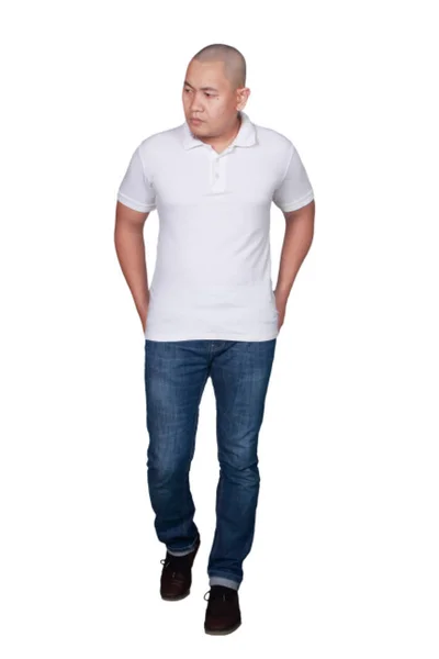 Young Bald Asian Men Wearing White Polo Shirt Standing Shirt — Stock Photo, Image