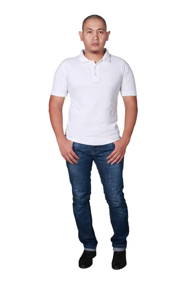 Young Bald Asian Men Wearing White Polo Shirt Standing Shirt — Stock Photo, Image