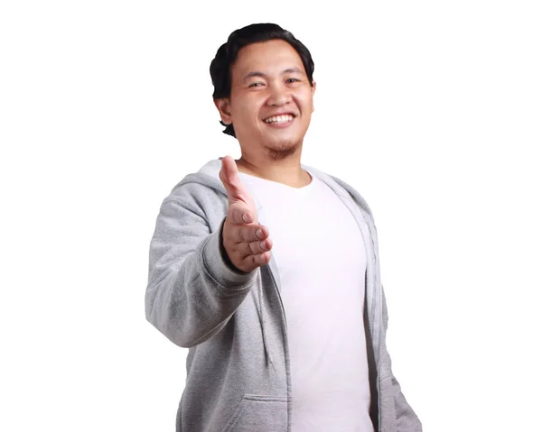 Young Asian Man Wearing White Shirt Gray Jacket Handshake Gesture — Stock Photo, Image