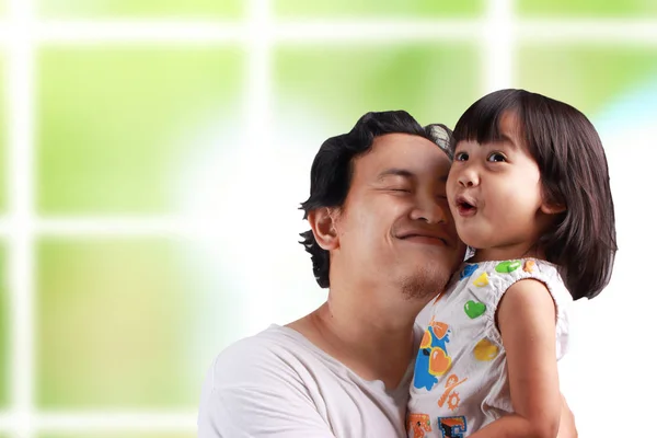 Asian Young Dad His Daughter Have Fun While Being Carried — Stock Photo, Image