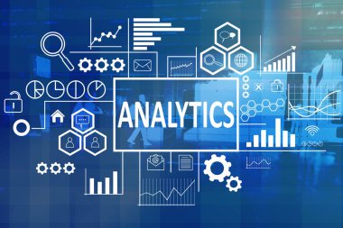 İş kavramı. Analytics geliştirme kelime üzerinde birden fazla pozlama modern arka plan mavi. Metin tipografi tasarım