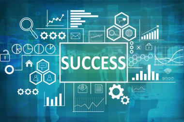 İş kavramı. Birden fazla pozlama modern arka plan başarı kelime üstünde mavi. Metin tipografi tasarım