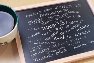 Thank you gratutide words letter in many languages, written on blackboard. Motivational business typography quotes concept  clipart