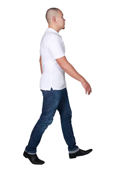 Ganzkörperporträt Eines Glatzköpfigen Asiatischen Mannes Mit Weißem Poloshirt Und Jeans — Stockfoto