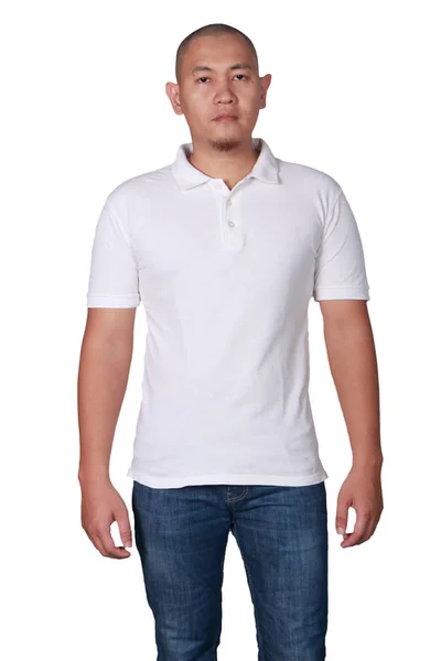 White polo t-shirt mock up, front view. Male model wear plain white shirt mockup. Polo shirt design template. Blank tees for print