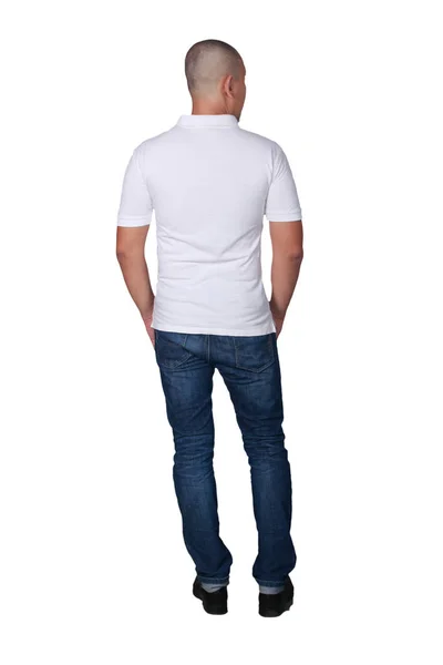 Adam Ayakta Poz Giyen Düz Beyaz Polo Gömlek Boş Shirt — Stok fotoğraf