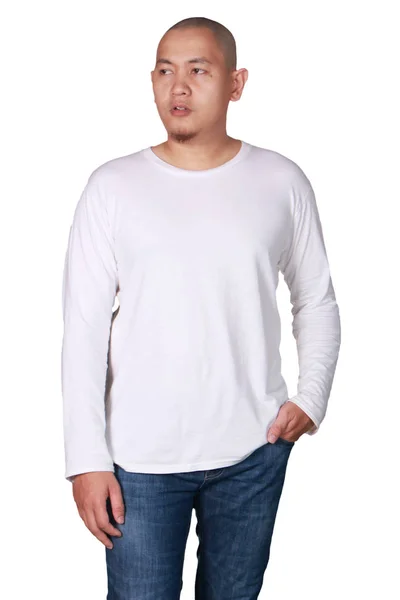 Białe Długimi Rękawami Shirt Mock Widok Przodu Białym Tle Model — Zdjęcie stockowe