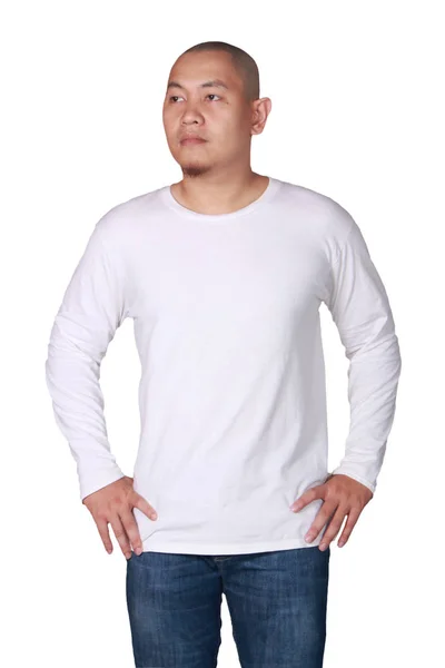 白い長袖 シャツ モックアップ 分離されました 男性モデル摩耗の真っ白なシャツのモックアップ 長袖シャツのデザイン テンプレートです 空白の シャツ印刷します — ストック写真