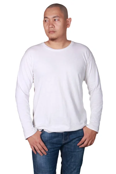 Shirt Mangas Compridas Brancas Mock Vista Frontal Isolado Modelo Masculino — Fotografia de Stock