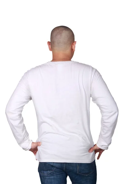 Mann Posiert Schlichtem Weißem Langärmeligem Hemd Leeres Shirt Attrappe Zum — Stockfoto