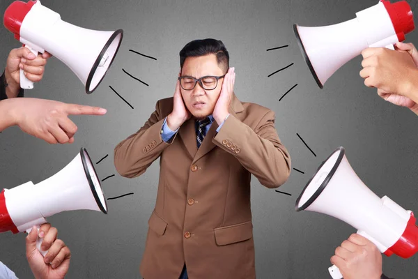 Young Asian Businessman Covered His Ear Ignoring Noise Stressed Pressure — Stock Photo, Image