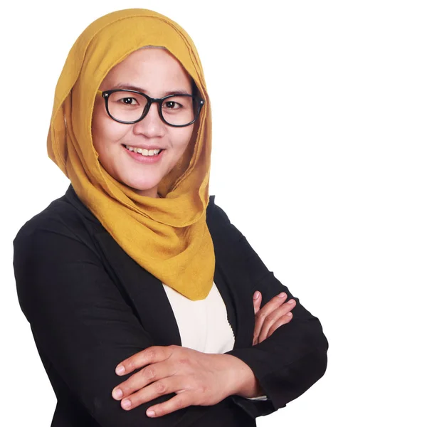 Asijské Muslimah Podnikatelka Nosí Brýle Oblek Úsměvem Přátelský Rukama Přes — Stock fotografie