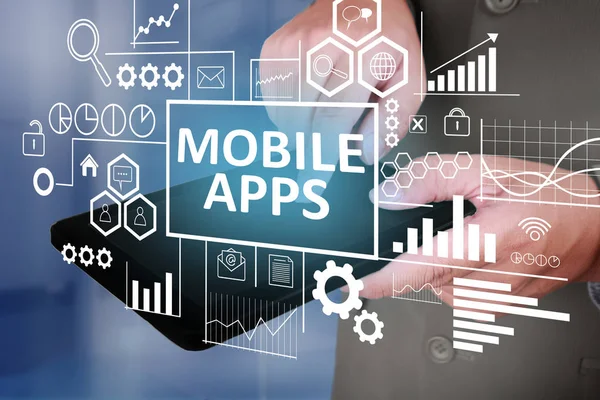 Business Concept Businessman Click Mobile Apps Button His Tablet Goals — Stock Photo, Image