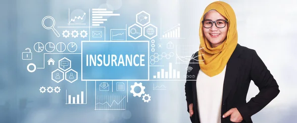 Business Concept Smiling Happy Successful Asian Muslimah Businesswoman Insurance Words — Stock Photo, Image