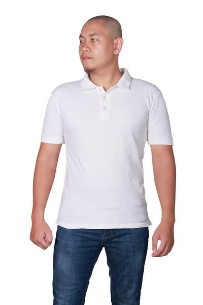 Camiseta Polo Blanco Maqueta Vista Frontal Modelo Masculino Usa Maqueta — Foto de Stock