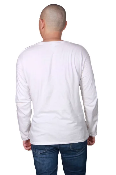 Człowiek Stojący Pozowanie Sobie Zwykły Biały Długi Rękaw Koszuli Puste — Zdjęcie stockowe