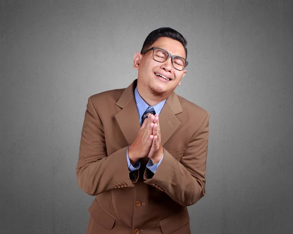 Fiatal Ázsiai Üzletember Visel Öltönyt Sajnálom Elnézést Gesztus Közelről Test — Stock Fotó